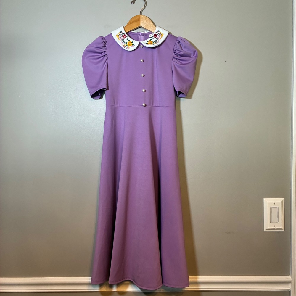 SHEIN Girls Lavender Floral Embroidered Peter Pan Collar Midi Dress 11-12Y